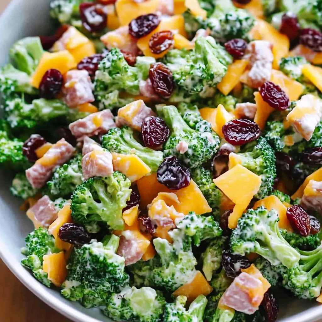 Broccoli Turkey Bacon Salad with Raisins and Cheddar Cheese