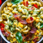 Corn Pasta Salad with Turkey Bacon and Creamy Pesto Dressing