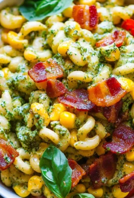 Corn Pasta Salad with Turkey Bacon and Creamy Pesto Dressing