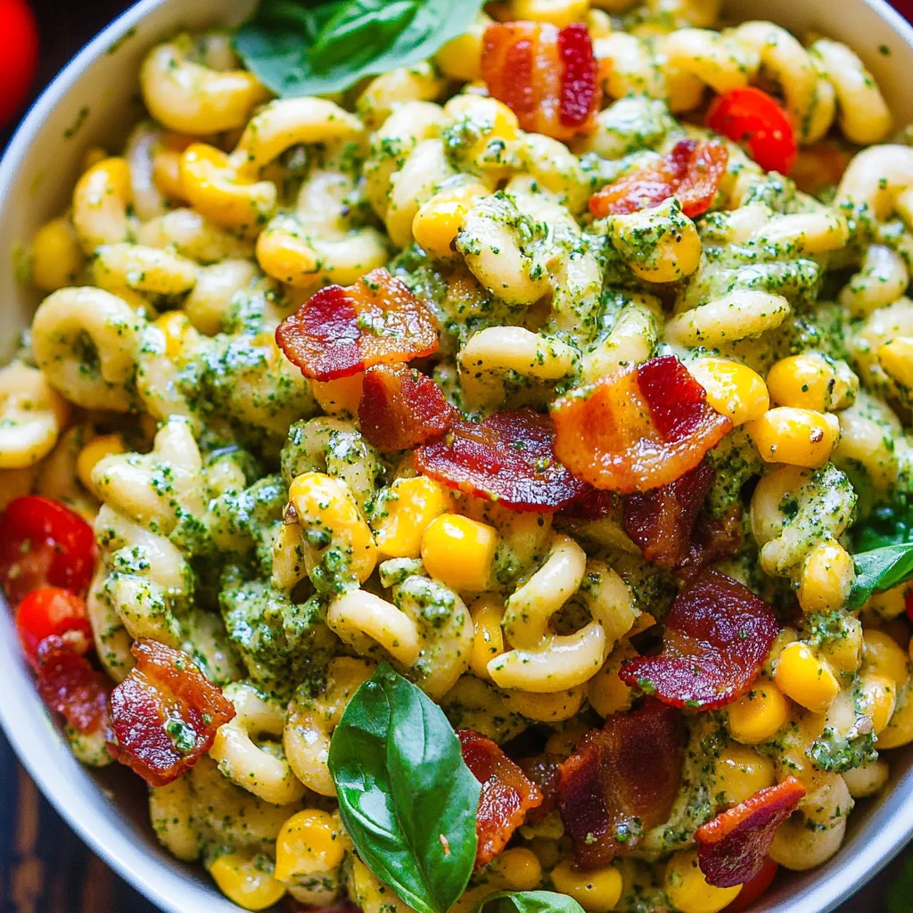 Corn Pasta Salad with Turkey Bacon and Creamy Pesto Dressing