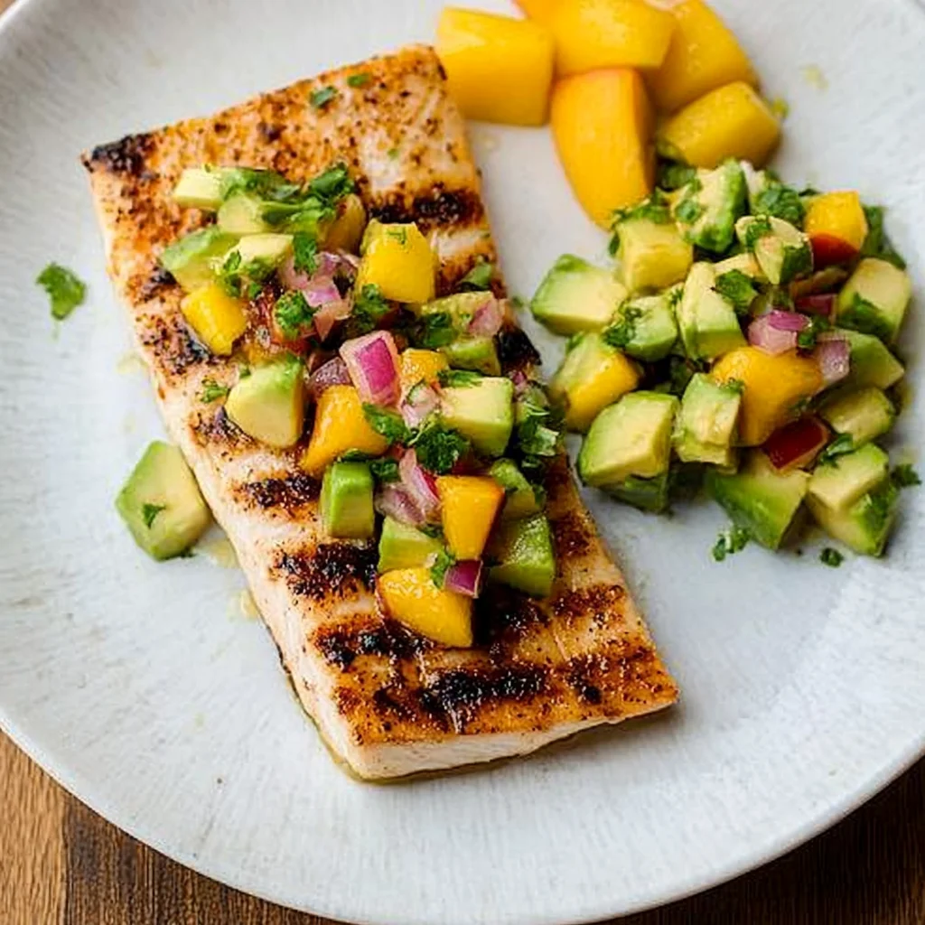 Grilled Mahi Mahi with Grilled Avocado Peach Salsa