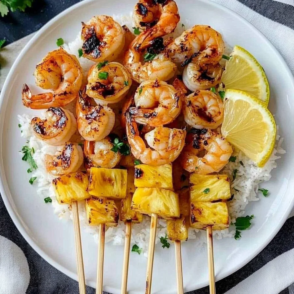 Grilled Shrimp and Pineapple Skewers over Coconut Rice