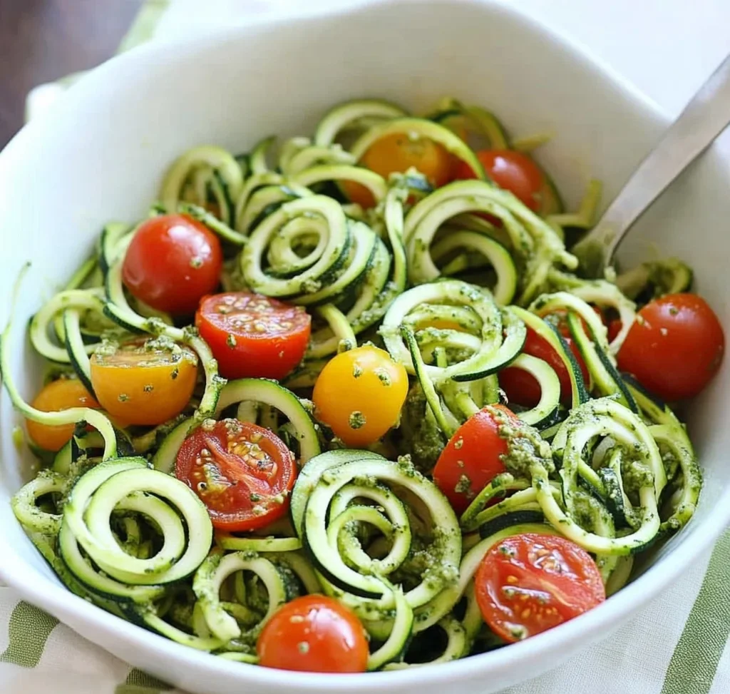 Raw Spiralized Zucchini Noodles with Tomatoes and Pesto