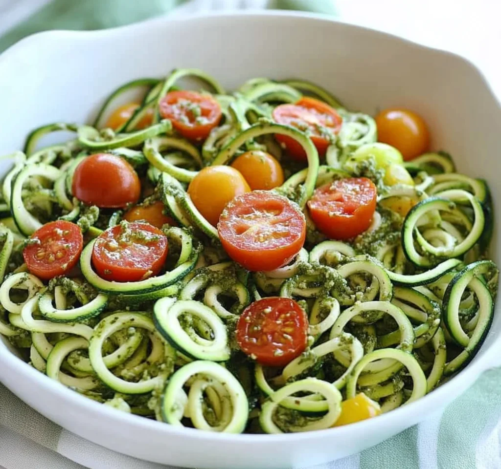Raw Spiralized Zucchini Noodles with Tomatoes and Pesto