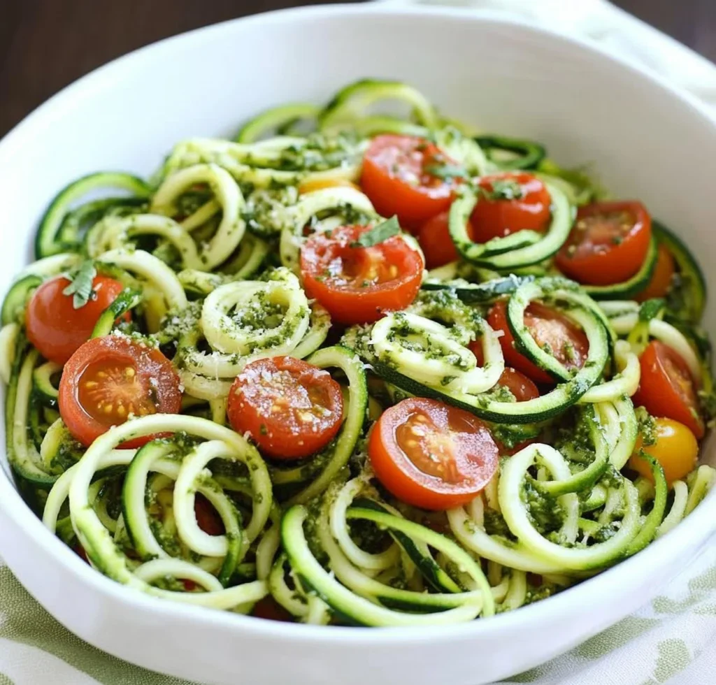 Raw Spiralized Zucchini Noodles with Tomatoes and Pesto