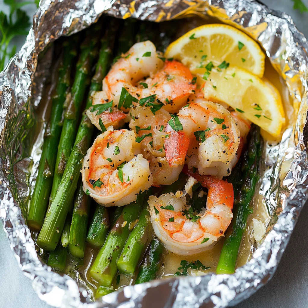 Shrimp and Asparagus Foil Packs with Garlic Lemon Butter Sauce