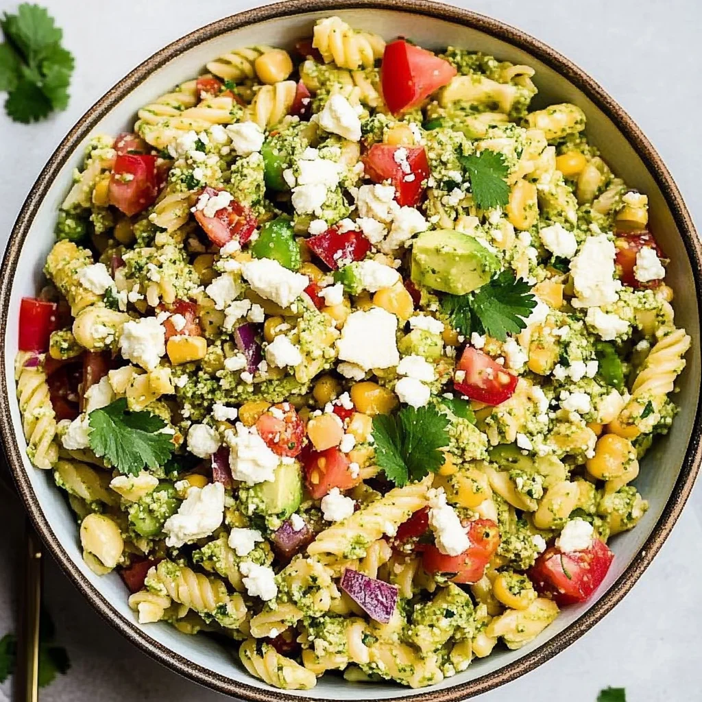 Street Corn Pasta Salad with Cilantro Pesto & Goat Cheese