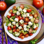 Tomato Cucumber Avocado Salad with Mozzarella and Basil Pesto
