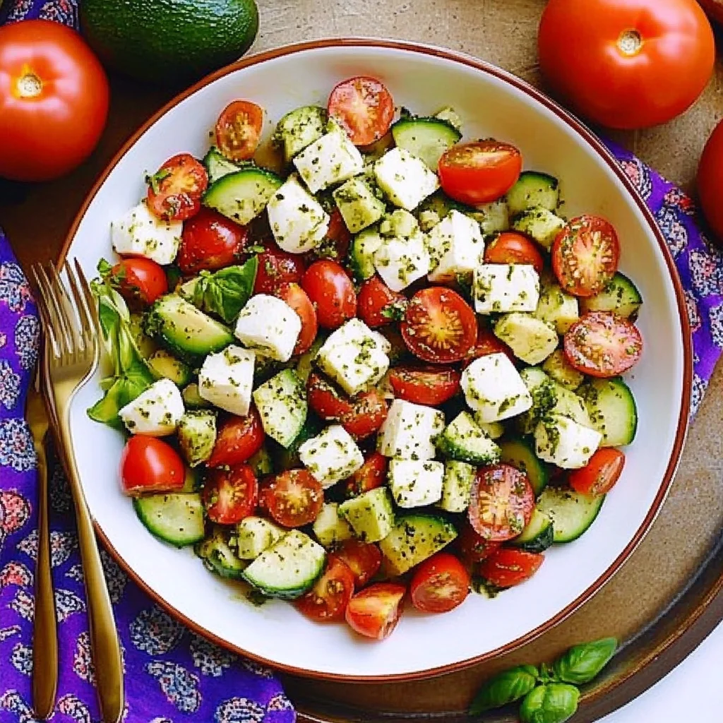 Tomato Cucumber Avocado Salad with Mozzarella and Basil Pesto