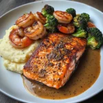 Cajun Salmon with Garlic Mashed Potatoes & Shrimp-Broccoli Saut