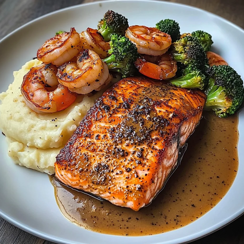 Cajun Salmon with Garlic Mashed Potatoes & Shrimp-Broccoli Saut