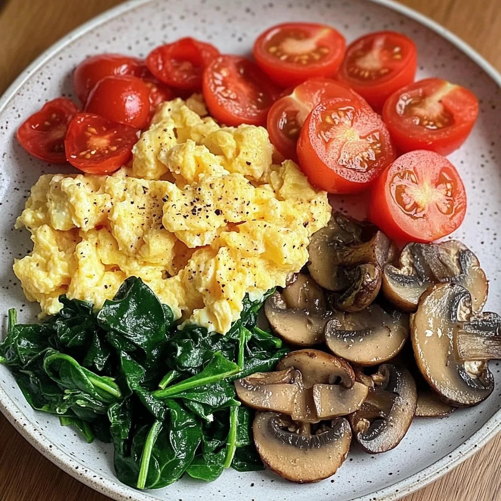 Colorful Scrambled Eggs with Mushrooms, Spinach & Tomatoes