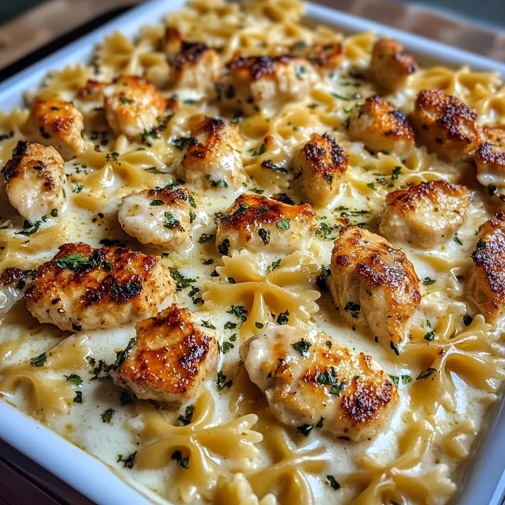 Creamy Alfredo Bowtie Pasta with Garlic Chicken Bites