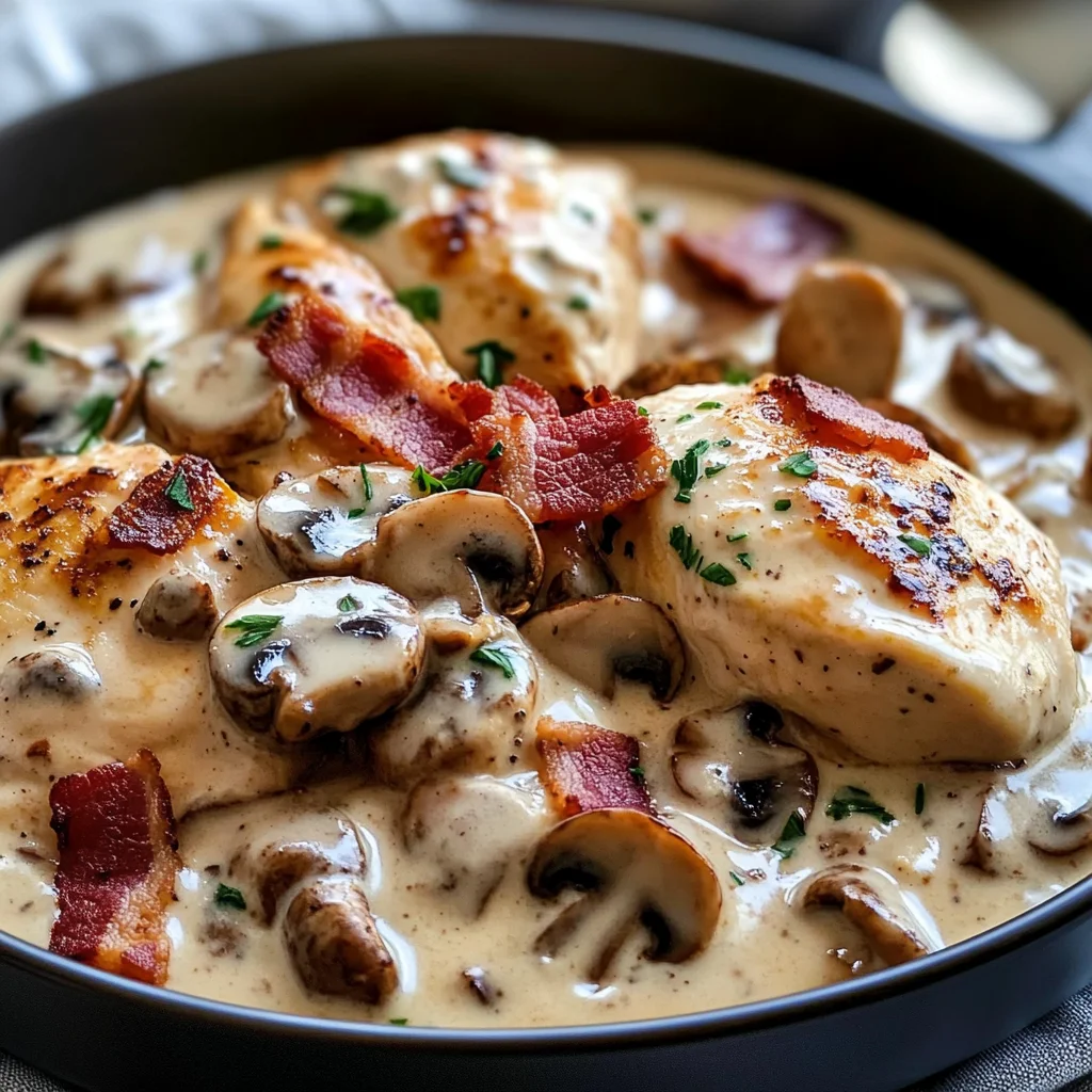 Creamy Chicken & Bacon Stroganoff with Garlic Naan, Rice & Crispy Fries