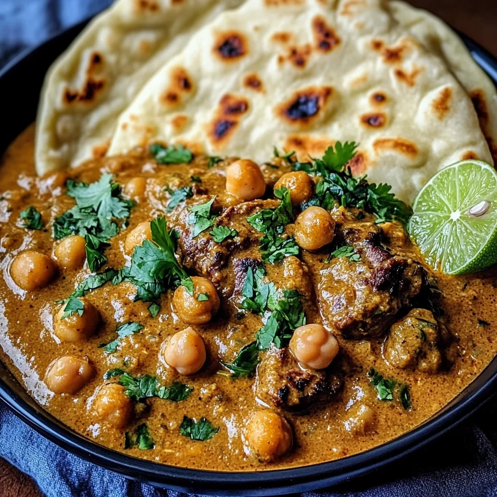 Creamy Coconut Beef and Chickpea Curry with Fresh Garlic Naan