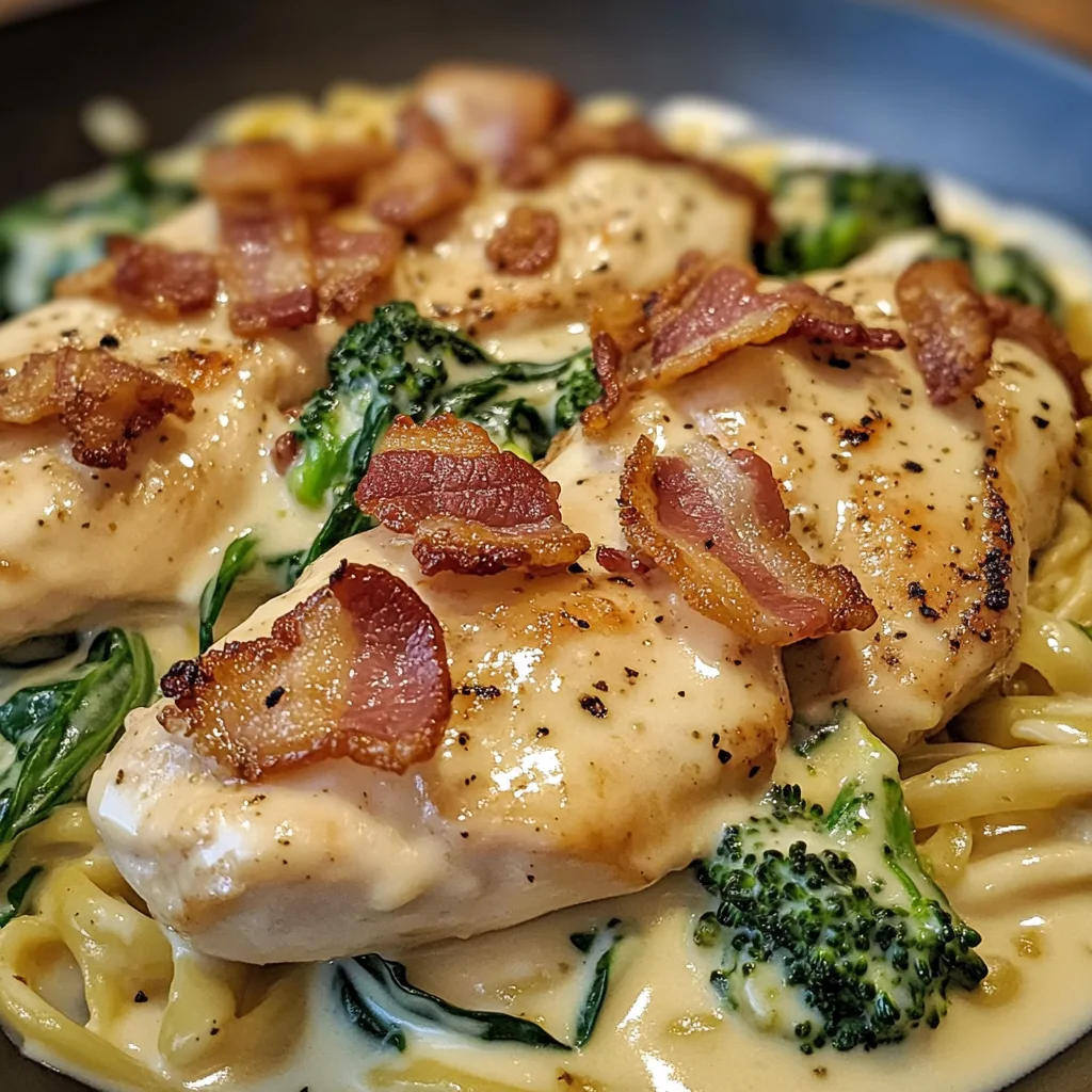 Creamy Garlic Butter Chicken Alfredo with Crispy Bacon, Spinach & Broccoli