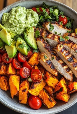 Grilled Chicken Power Bowl with Spiced Sweet Potato Wedges & Avocado Cream