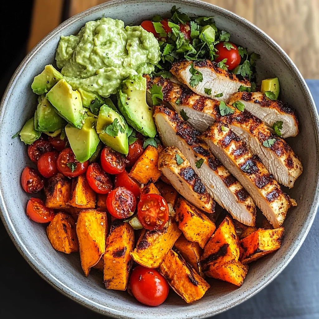 Grilled Chicken Power Bowl with Spiced Sweet Potato Wedges & Avocado Cream