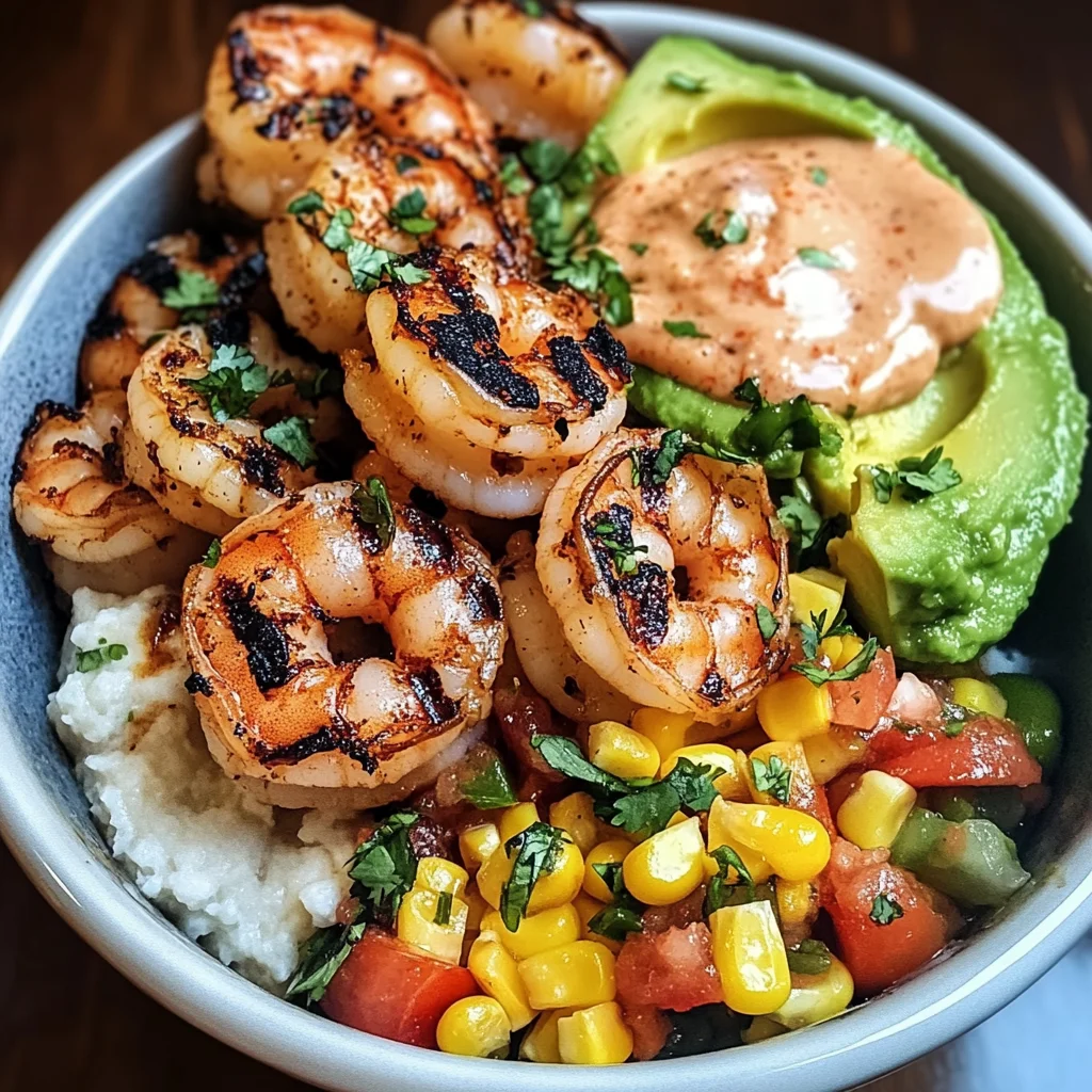 Grilled Shrimp Bowl with Avocado, Corn Salsa & Creamy Sauce Awaits You!