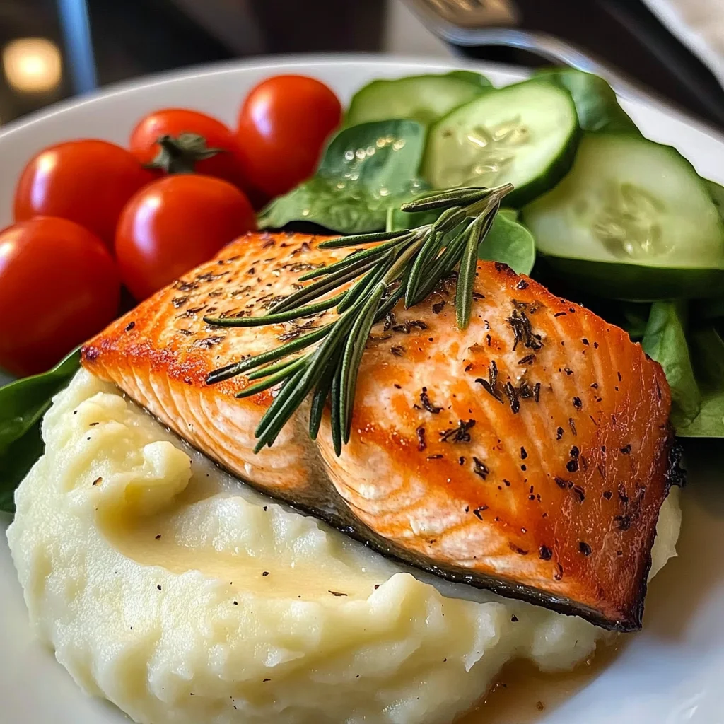 Rosemary Salmon with Mashed Potatoes & Fresh Garden Salad