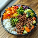 Spicy Ground Beef Stir-Fry Bowl with Garlic Veggies & Steamy Rice