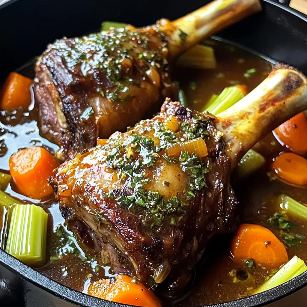 Braised Lamb Shanks with Aromatic Herb Gravy and Root Vegetables