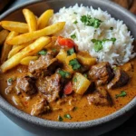 Coconut-Infused Beef Curry with Fries and Rice