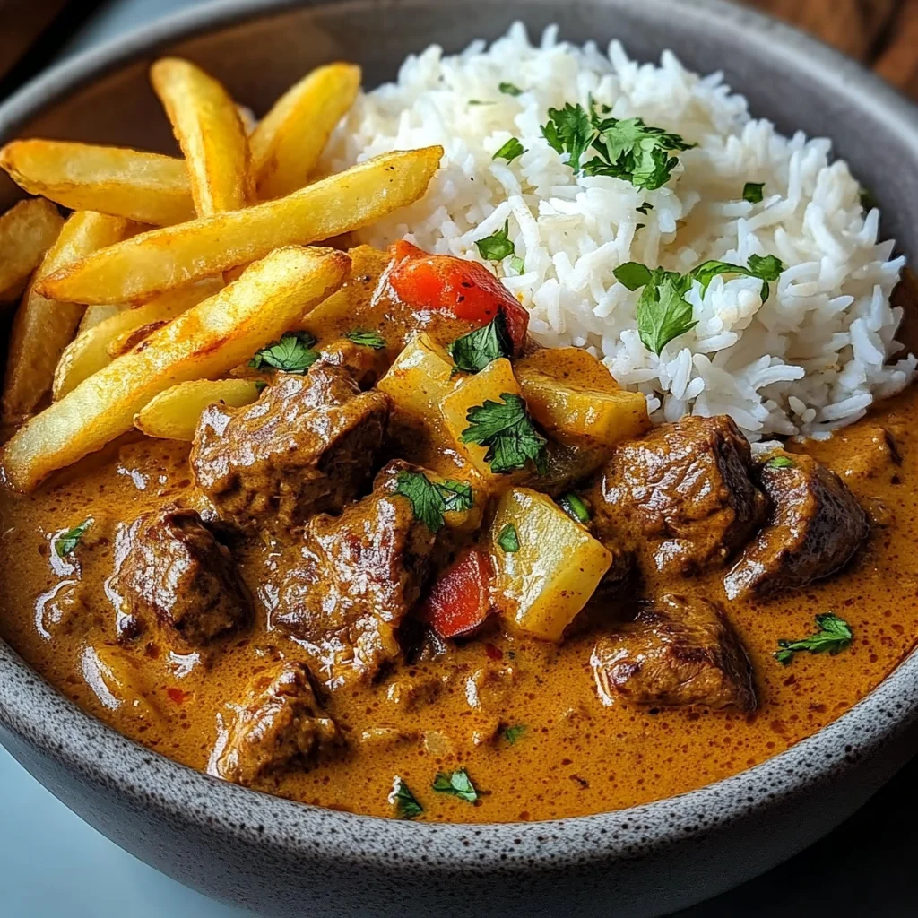 Coconut-Infused Beef Curry with Fries and Rice