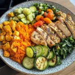 Colorful Chicken Veggie Plate with Carrot Rice & Salad
