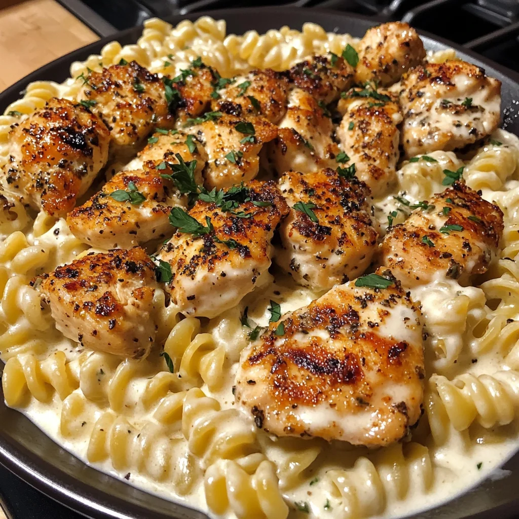 Creamy Garlic Chicken and Rotini with Mozzarella Alfredo
