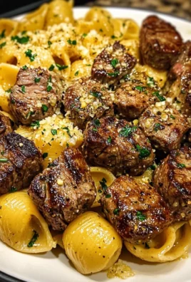 Creamy Garlic Parmesan Steak Bites with Shell Pasta