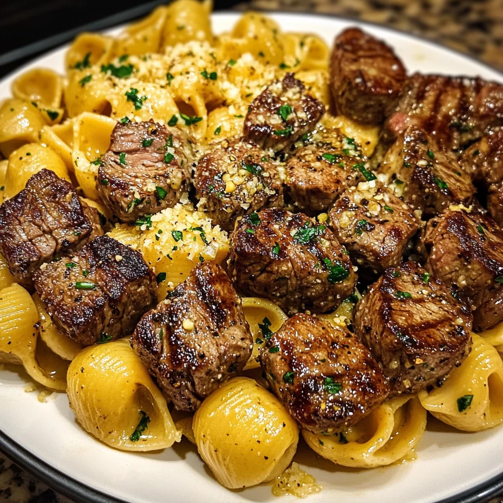 Creamy Garlic Parmesan Steak Bites with Shell Pasta