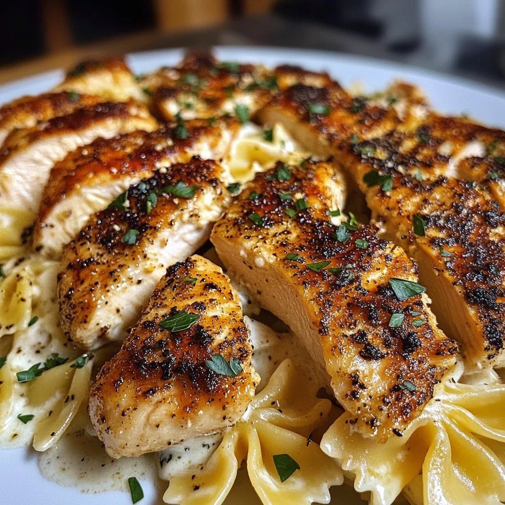 Garlic Chicken with Cheesy Bowtie Alfredo