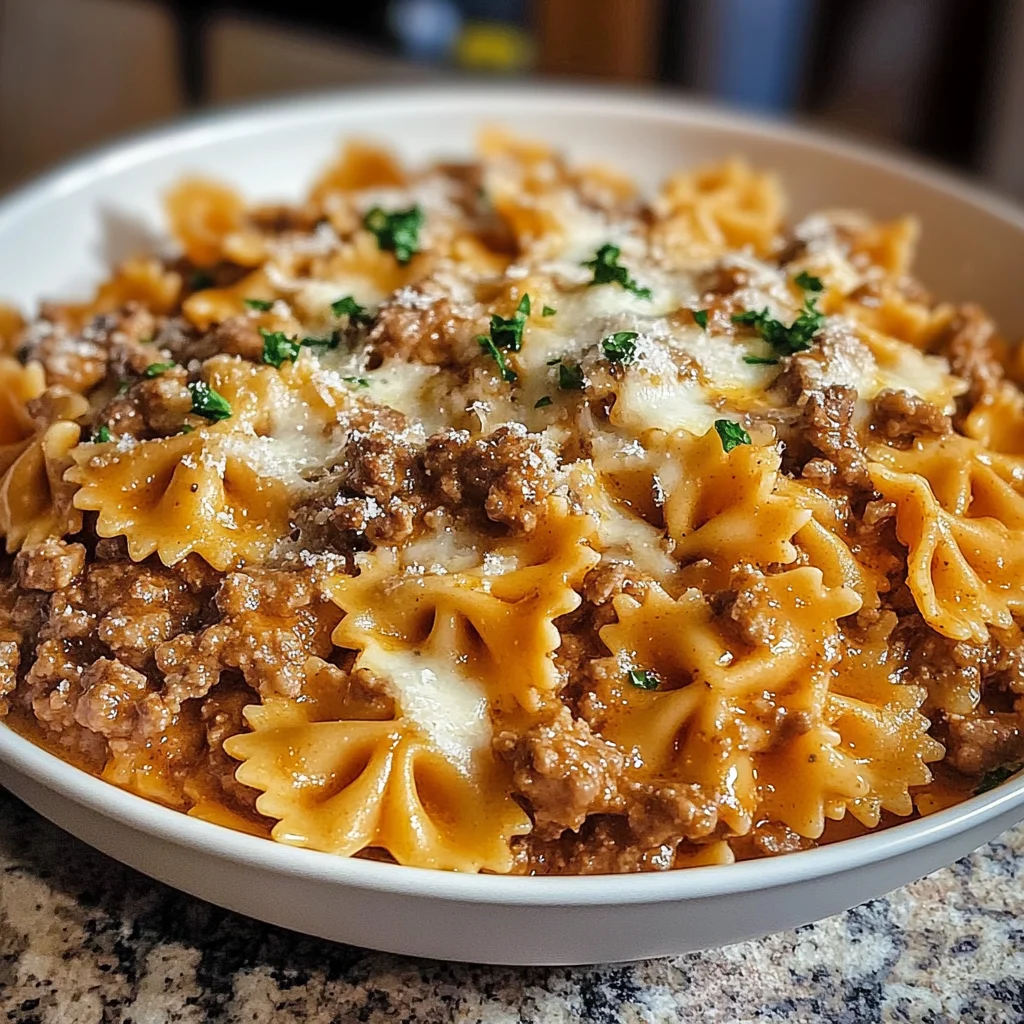 Garlic Parmesan Bowtie Pasta with Creamy Beef