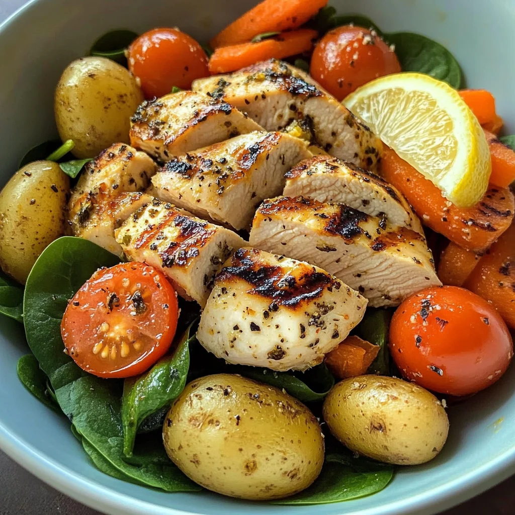 Grilled Chicken & Root Veggie Bowl with Spinach & Lemon