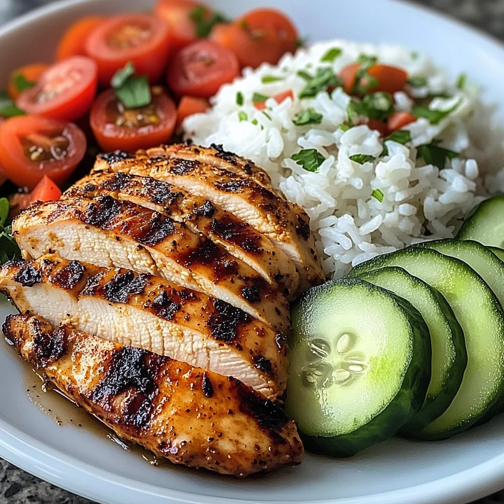 Grilled Chicken with Rice and Fresh Tomato-Cucumber Salad