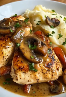 Pan-Seared Chicken with Pepper & Mushroom Gravy and Creamy Mashed Potatoes