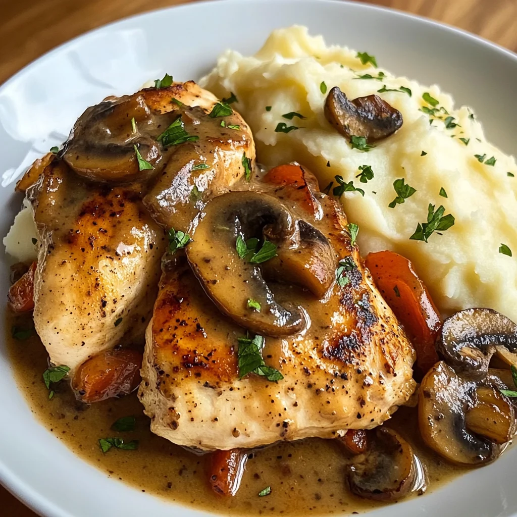 Pan-Seared Chicken with Pepper & Mushroom Gravy and Creamy Mashed Potatoes