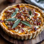 Pumpkin, Ricotta & Caramelized Onion Tart with Turkey Bacon and Sage
