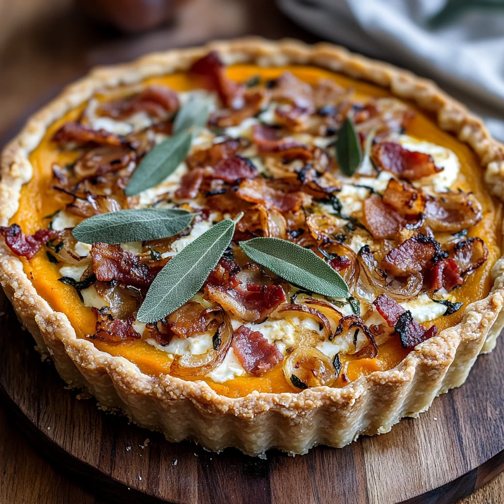 Pumpkin, Ricotta & Caramelized Onion Tart with Turkey Bacon and Sage