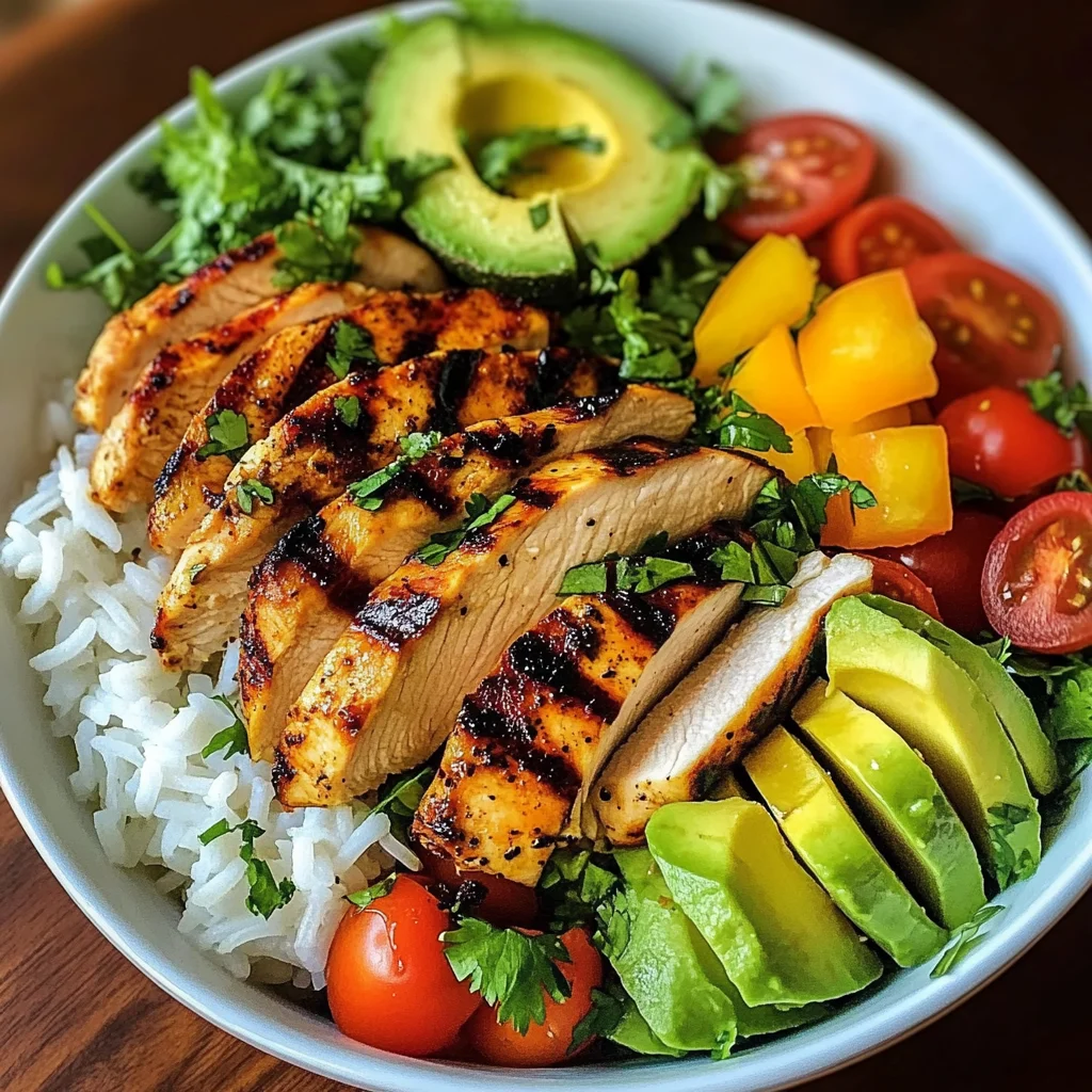 Rainbow Grilled Chicken Rice Bowl with Avocado & Crunchy Salad