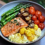 Salmon Power Bowl with Scrambled Eggs, Asparagus & Sauted Mushrooms