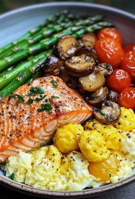 Salmon Power Bowl with Scrambled Eggs, Asparagus & Sauted Mushrooms