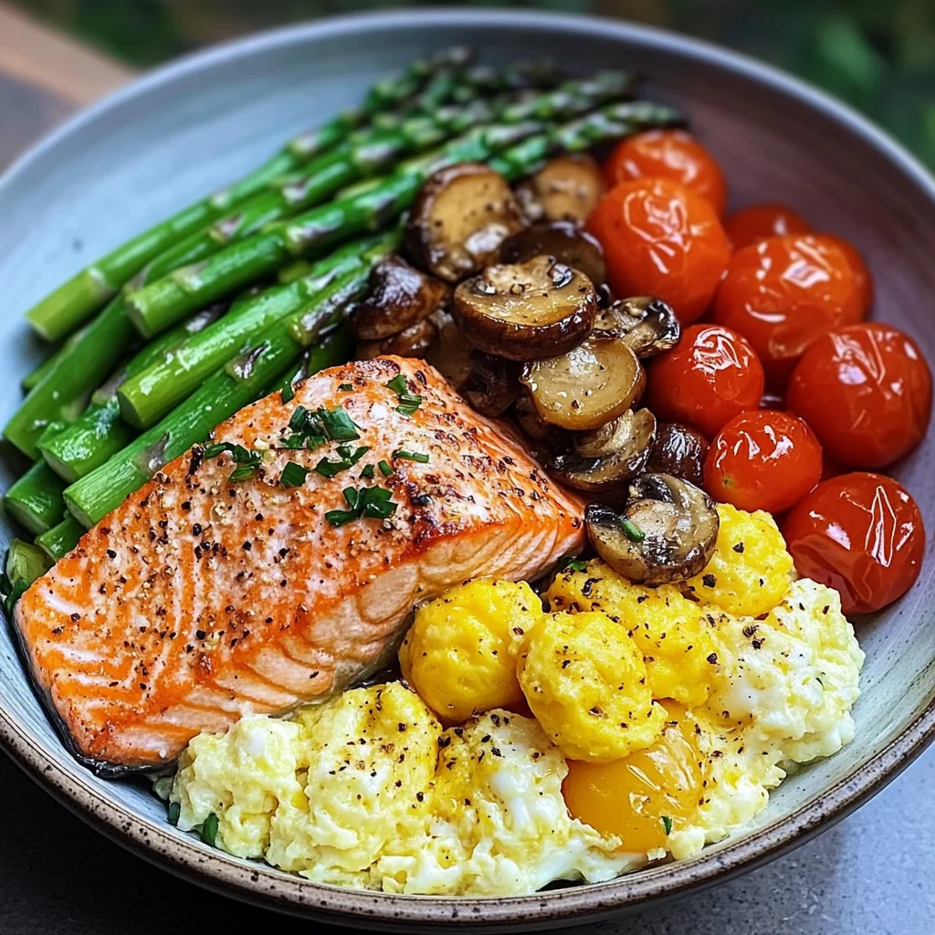 Salmon Power Bowl with Scrambled Eggs, Asparagus & Sauted Mushrooms