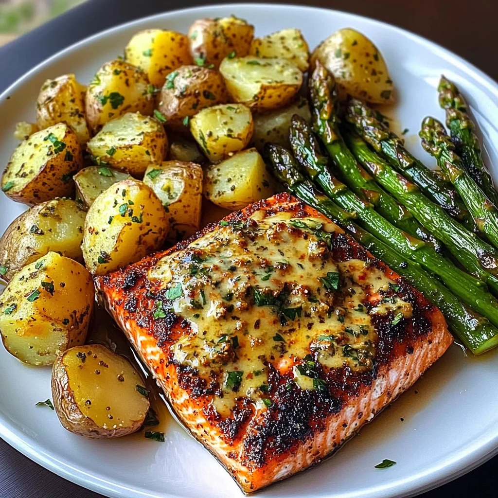Spiced Salmon with Cheesy Asparagus & Garlic Herb Potatoes