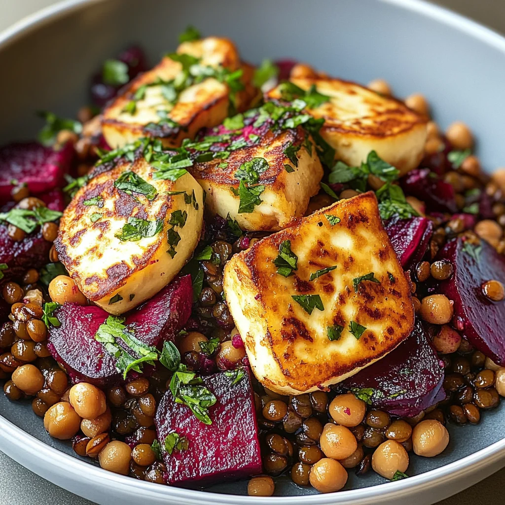 Halloumi with Lemony Lentils, Chickpeas and Beets