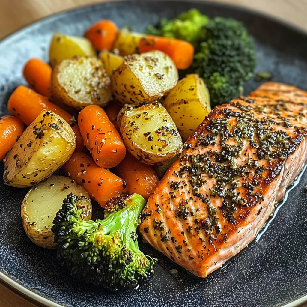 Garlic Salmon with Herbed Potatoes, Carrots & Broccoli