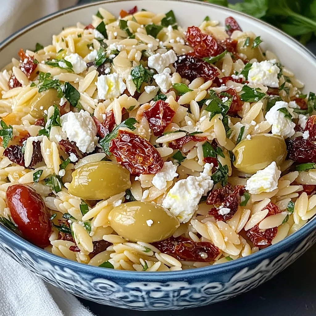 Homemade Orzo Pasta Salad with Feta and Sun Dried Tomatoes - flirtyfood