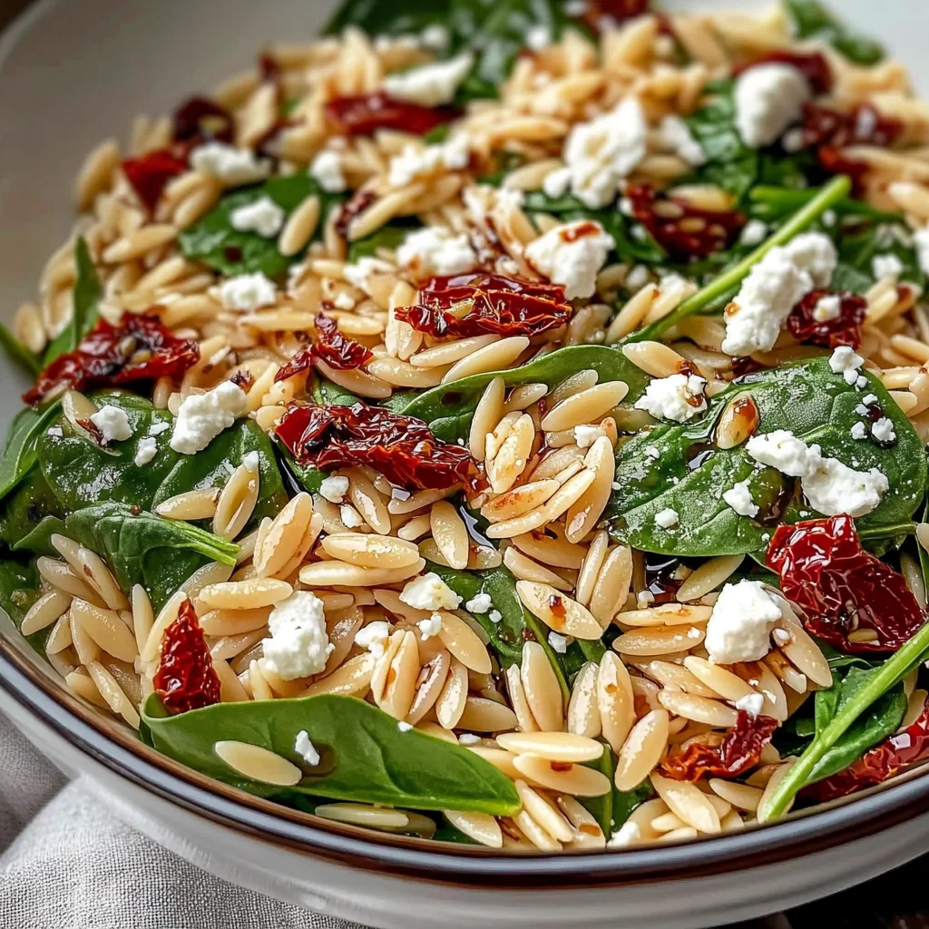 Balsamic Orzo Salad with Spinach, Feta & Sundried Tomatoes - FlirtyFood